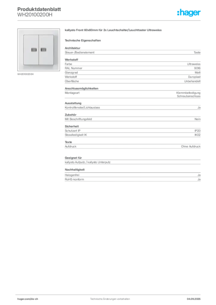 Bild Hager Produktdatenblatt WH20100200H | Hager Schweiz