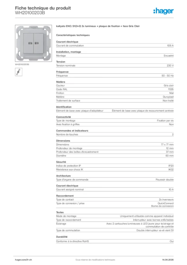 Image Hager Fiche technique du produit WH20100203B | Hager Suisse