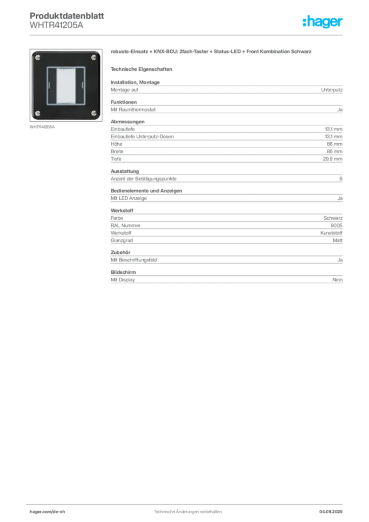 Bild Hager Produktdatenblatt WHTR41205A | Hager Schweiz