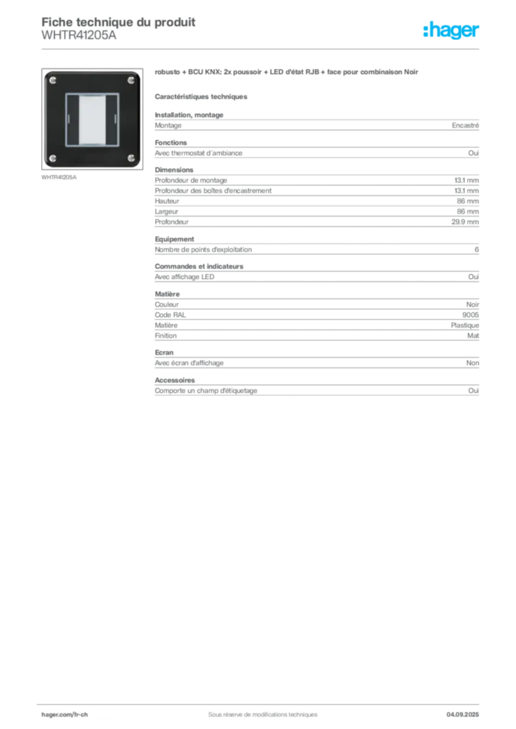 Image Hager Fiche technique du produit WHTR41205A | Hager Suisse