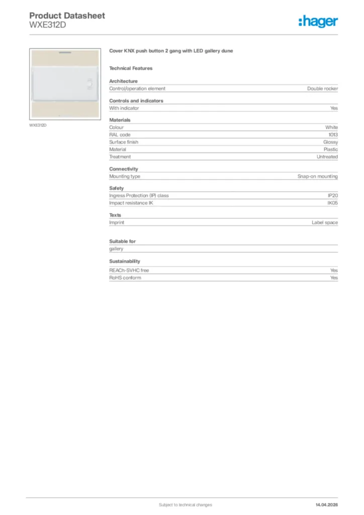 Image Hager Product data sheet WXE312D  | Hager Africa