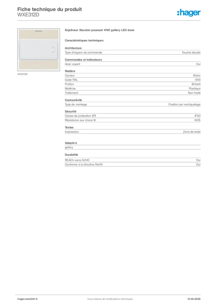 Image Hager Fiche technique du produit WXE312D | Hager Afrique