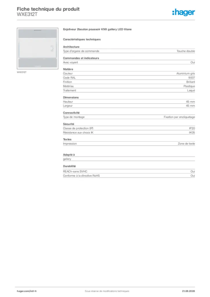Image Hager Fiche technique du produit WXE312T | Hager Afrique