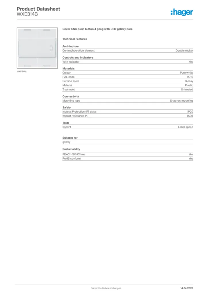 Image Hager Product data sheet WXE314B  | Hager Africa
