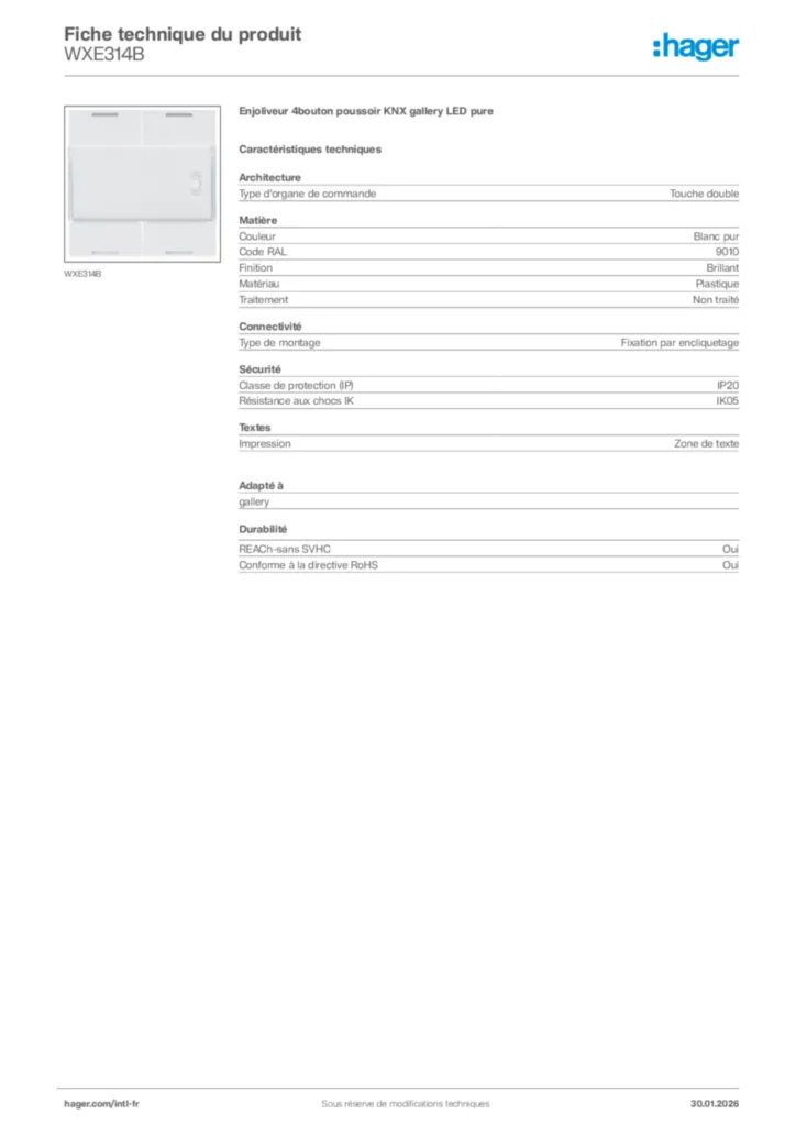 Image Hager Fiche technique du produit WXE314B | Hager Afrique