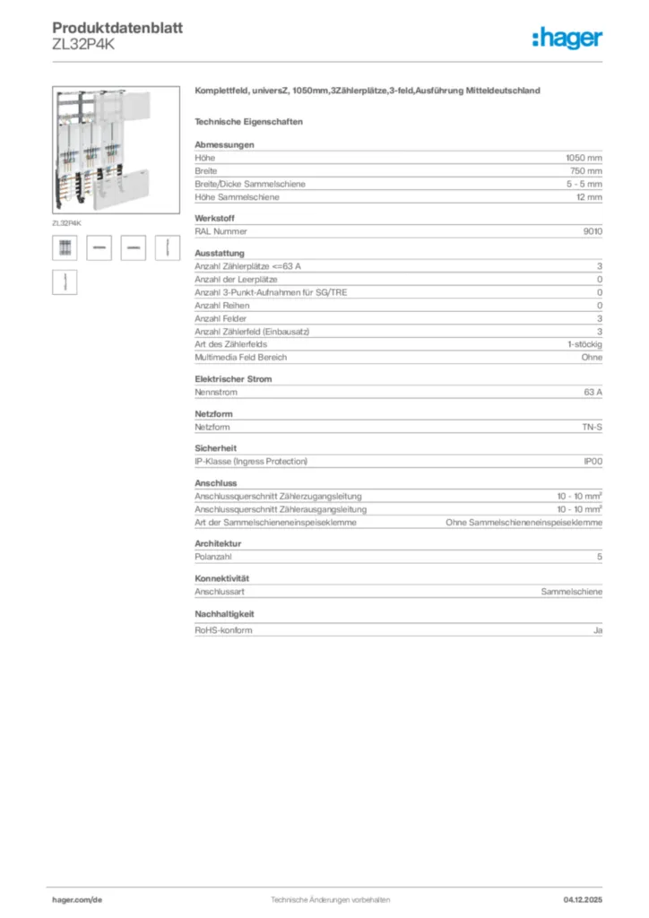 Bild Hager Produktdatenblatt ZL32P4K | Hager Deutschland