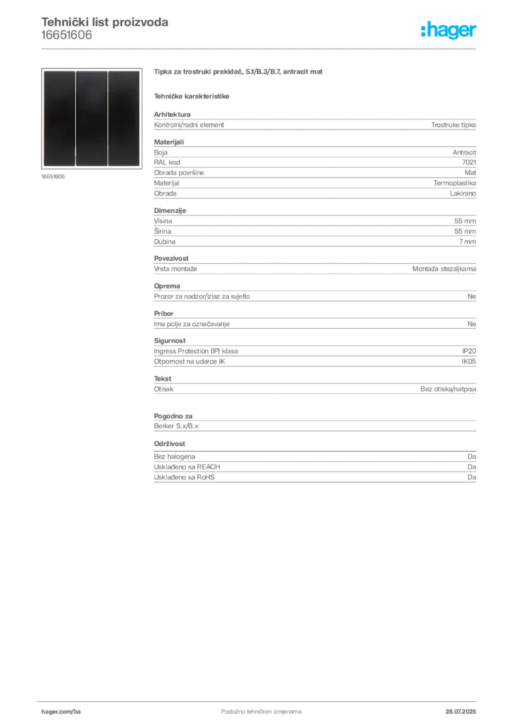 Slika Hager Product data sheet 16651606  | Hager