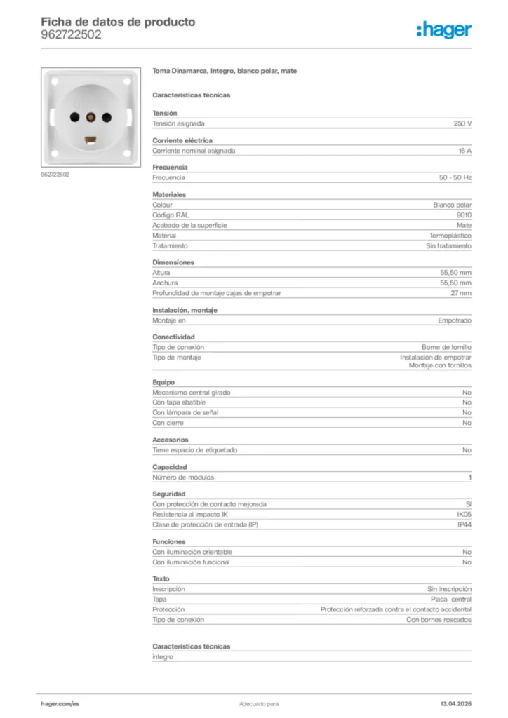 Imagen Hager Ficha de datos de producto 962722502 | Hager España