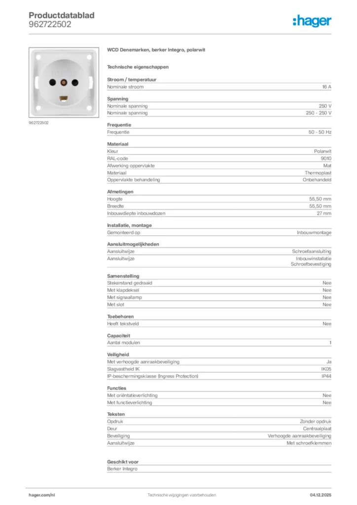 Afbeelding Hager Productdatablad 962722502 | Hager Nederland