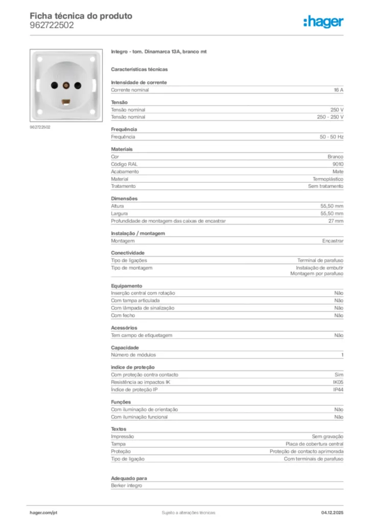 Imagem Hager Ficha técnica do produto 962722502 | Hager Portugal