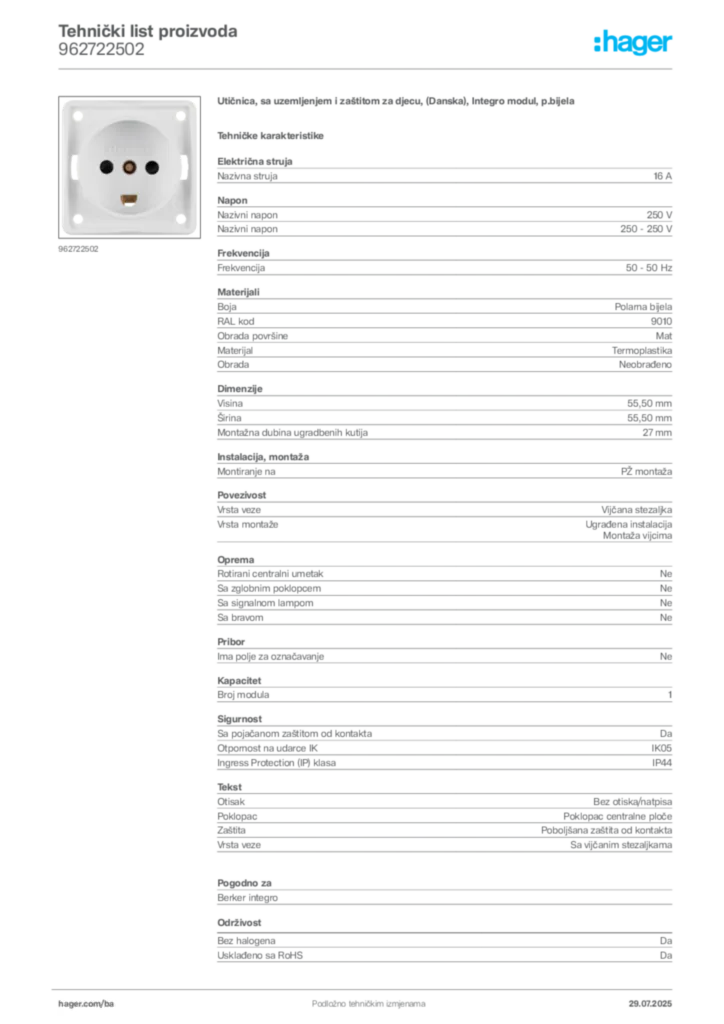 Slika Hager Product data sheet 962722502  | Hager