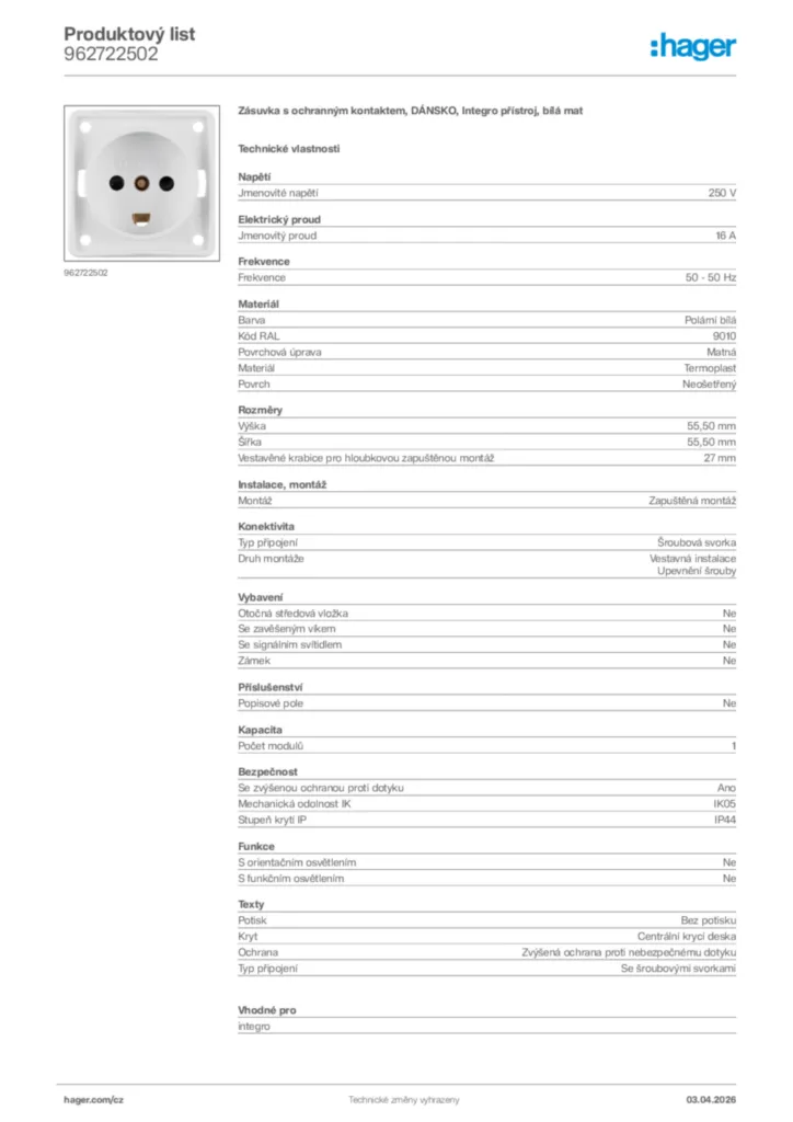 Obrázek Hager Product data sheet 962722502 | Hager