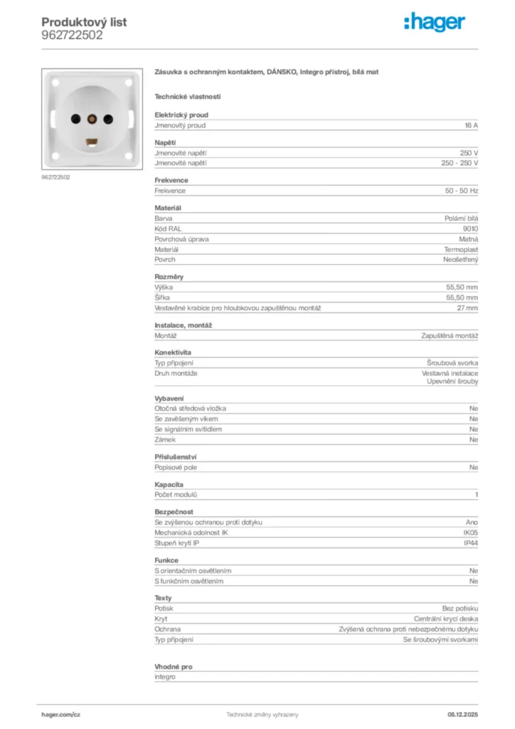 Obrázek Hager Produktový list 962722502 | Hager
