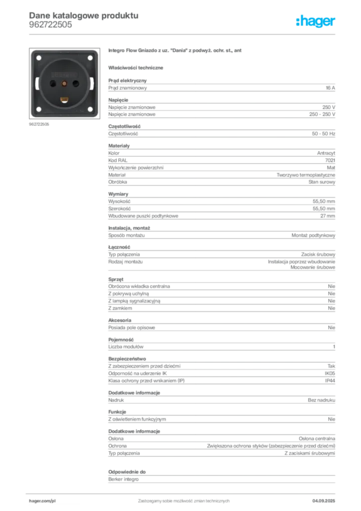 Zdjęcie Hager Dane katalogowe produktu 962722505 | Hager Polska