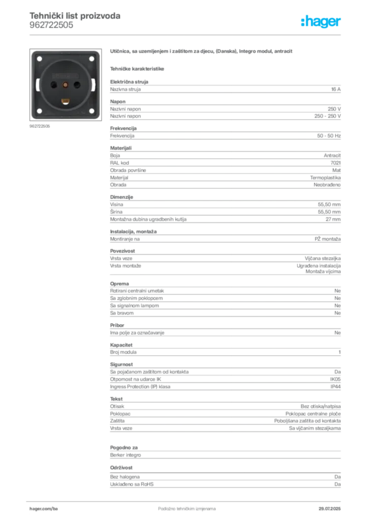 Slika Hager Product data sheet 962722505  | Hager