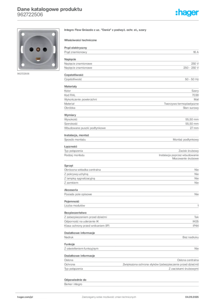 Zdjęcie Hager Dane katalogowe produktu 962722506 | Hager Polska