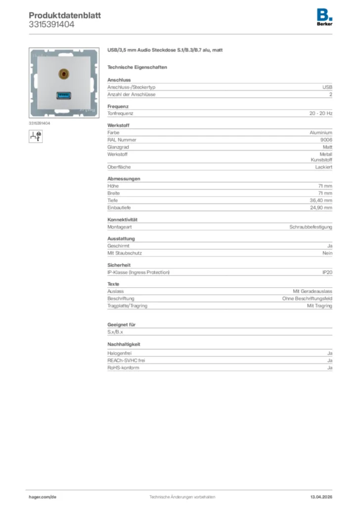 Bild Berker Produktdatenblatt 3315391404 | Hager Deutschland