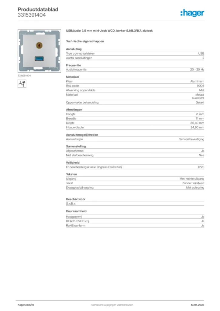 Afbeelding Hager Productdatablad 3315391404 | Hager Nederland