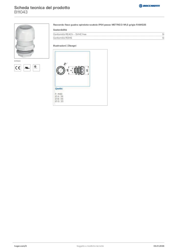 Immagine Bocchiotti Scheda tecnica del prodotto B11043 | Hager Italia
