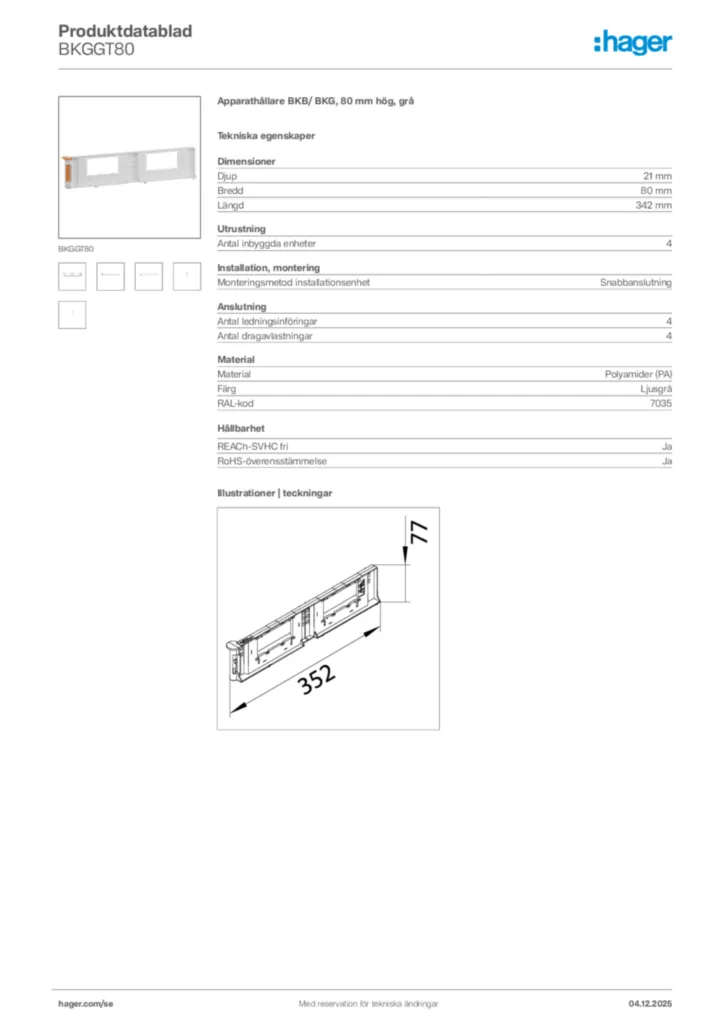Bild Hager Produktdatablad BKGGT80 | Hager Sverige
