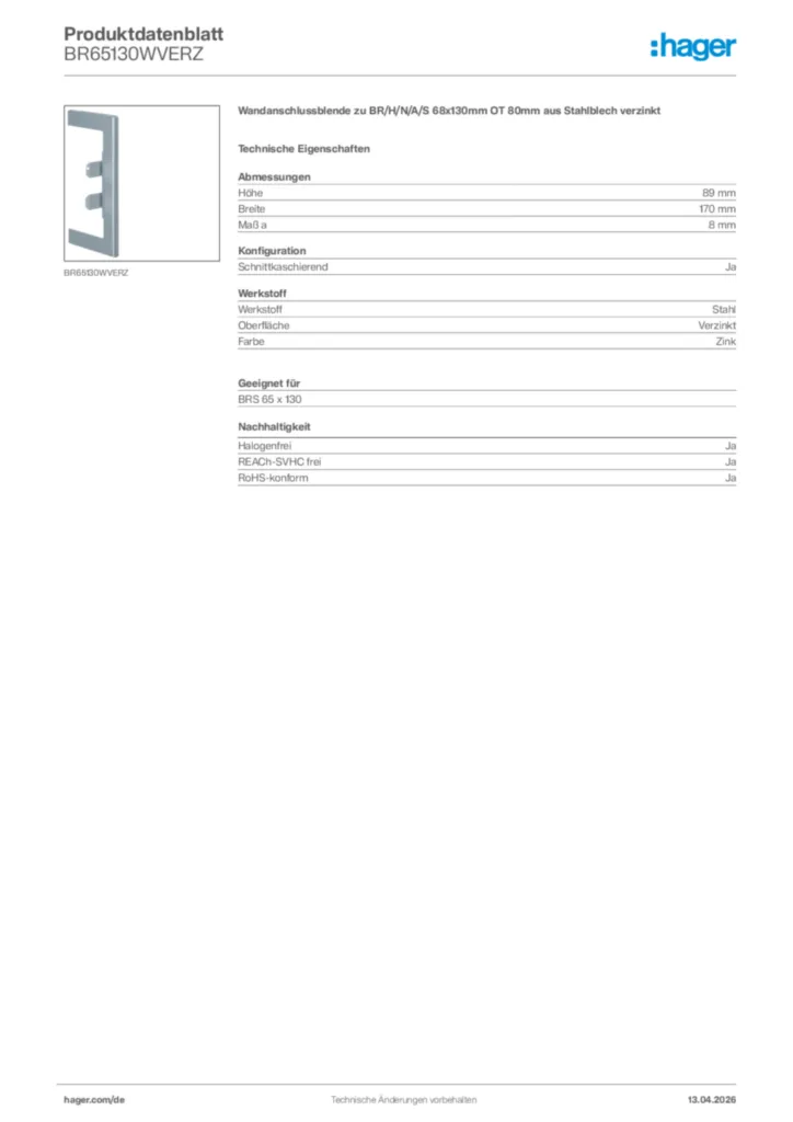 Bild Hager Produktdatenblatt BR65130WVERZ | Hager Deutschland