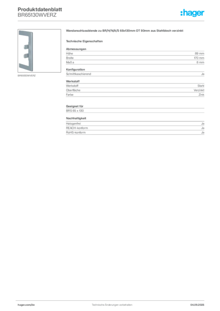 Bild Hager Produktdatenblatt BR65130WVERZ | Hager Deutschland