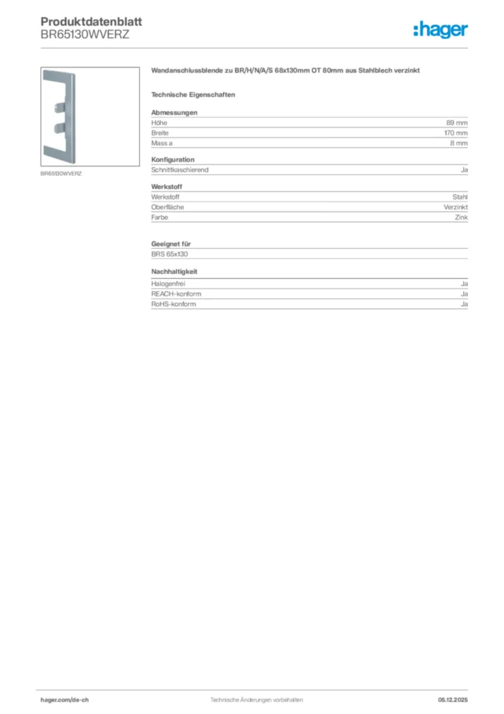 Bild Hager Produktdatenblatt BR65130WVERZ | Hager Schweiz