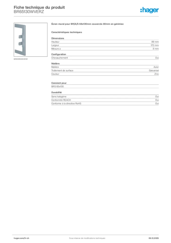 Image Hager Fiche technique du produit BR65130WVERZ | Hager Suisse