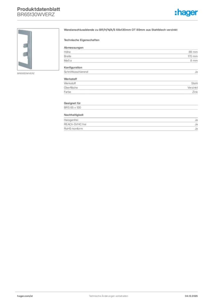 Bild Hager Produktdatenblatt BR65130WVERZ | Hager Deutschland