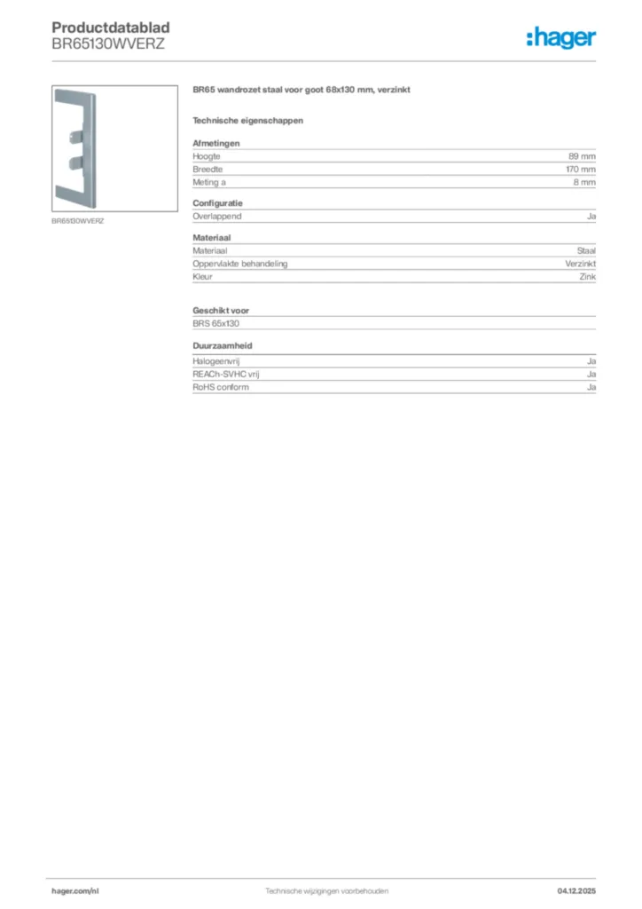 Afbeelding Hager Productdatablad BR65130WVERZ | Hager Nederland