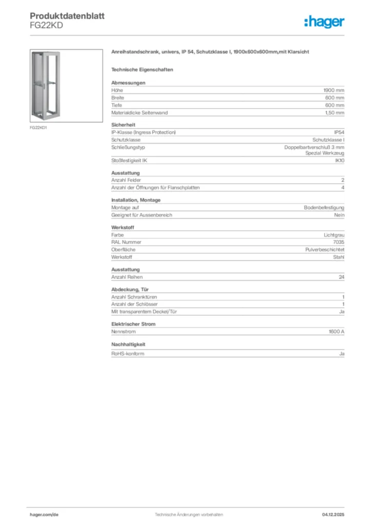 Bild Hager Produktdatenblatt FG22KD | Hager Deutschland
