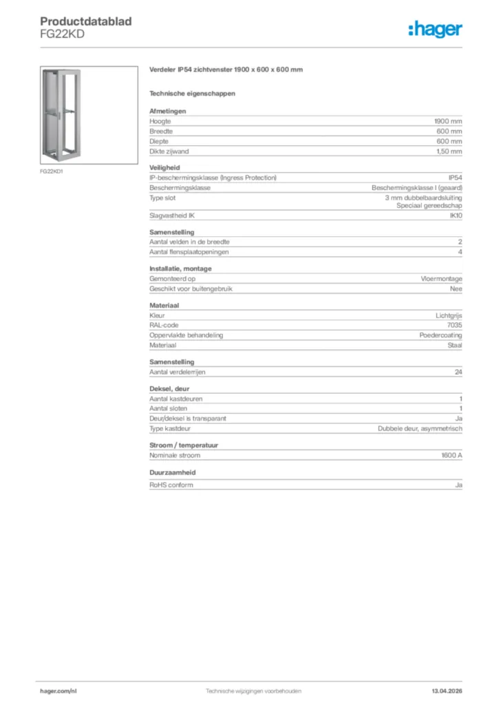 Afbeelding Hager Productdatablad FG22KD | Hager Nederland