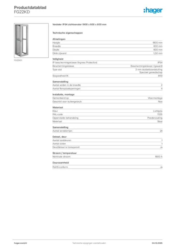 Afbeelding Hager Productdatablad FG22KD | Hager Nederland