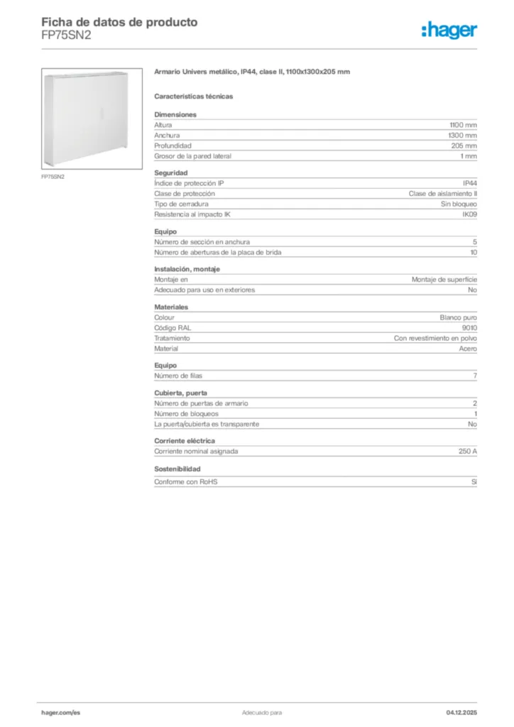 Imagen Hager Ficha de datos de producto FP75SN2 | Hager España