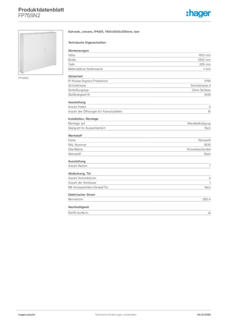 Bild Hager Produktdatenblatt FP75SN2 | Hager Deutschland