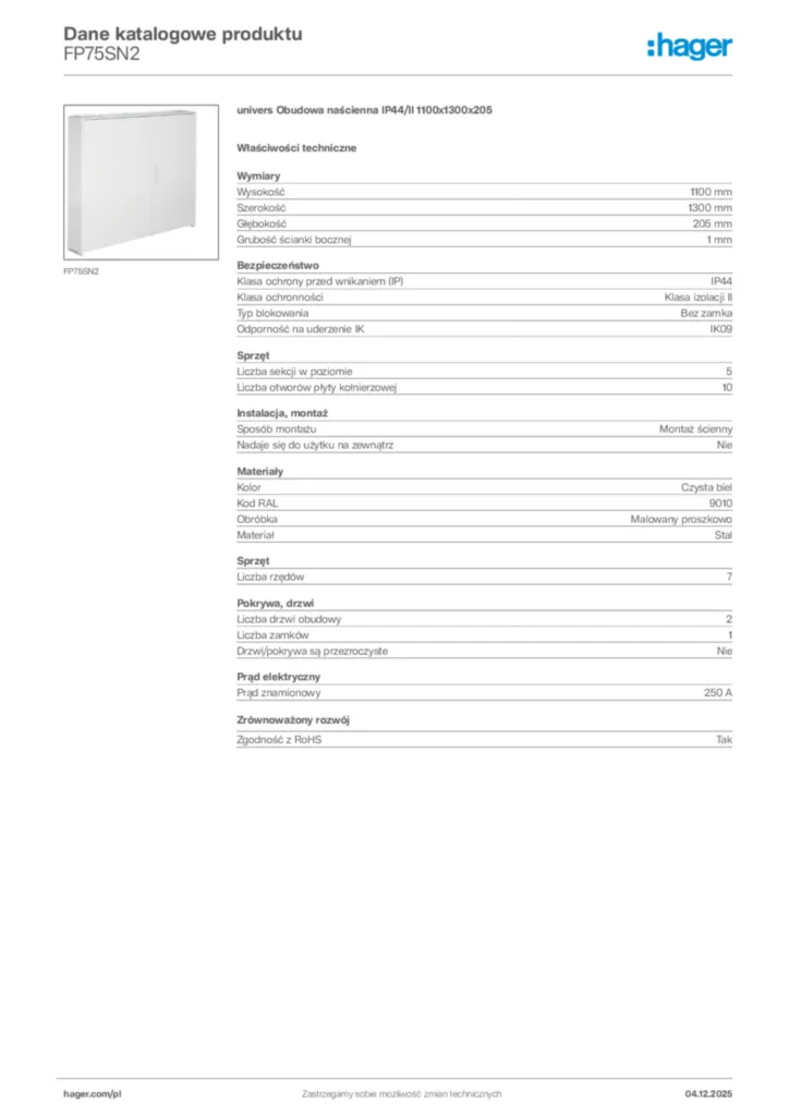 Zdjęcie Hager Dane katalogowe produktu FP75SN2 | Hager Polska