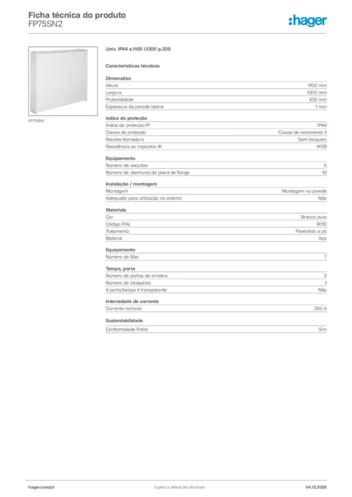 Imagem Hager Ficha técnica do produto FP75SN2 | Hager Portugal