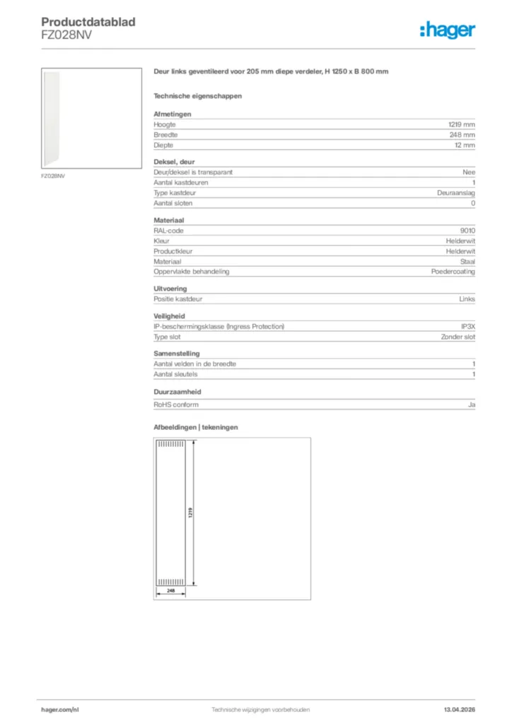 Afbeelding Hager Productdatablad FZ028NV | Hager Nederland