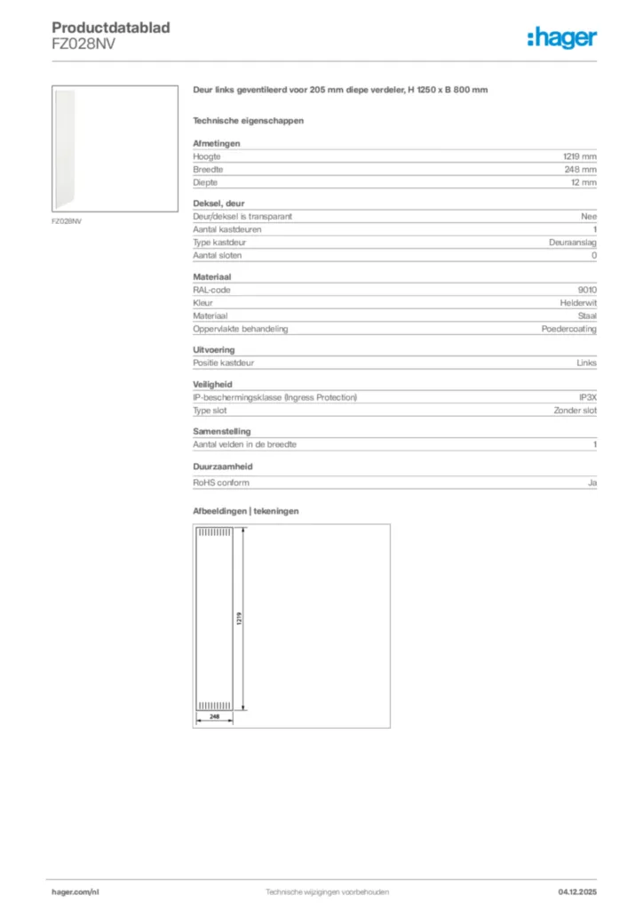 Afbeelding Hager Productdatablad FZ028NV | Hager Nederland