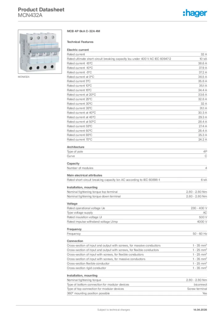 Image Hager Product data sheet MCN432A  | Hager Africa