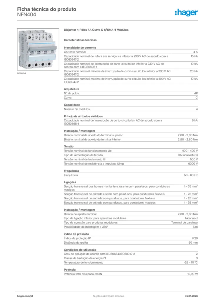 Imagem Hager Ficha técnica do produto NFN404 | Hager Portugal