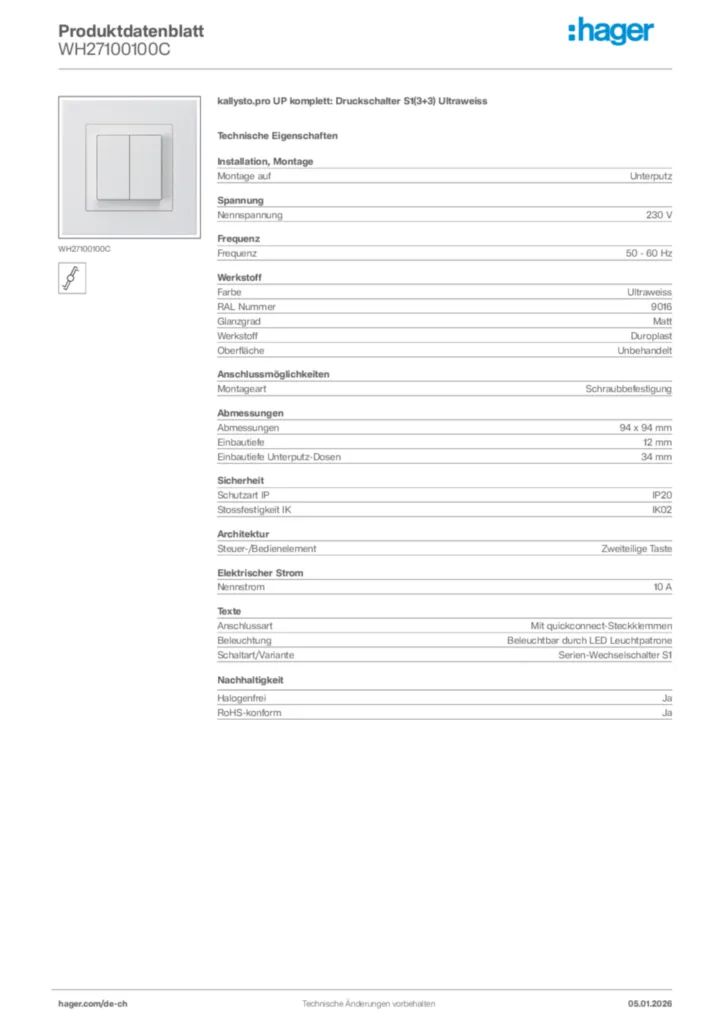 Bild Hager Produktdatenblatt WH27100100C | Hager Schweiz