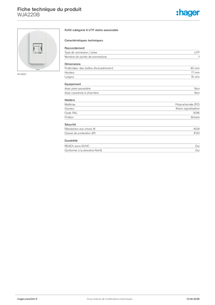 Image Hager Fiche technique du produit WJA220B | Hager Afrique