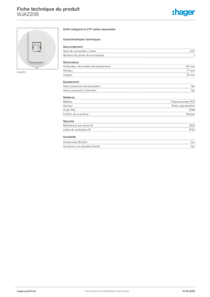 Image Hager Fiche technique du produit WJA220B | Hager Belgique
