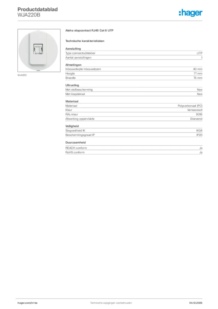 Afbeelding Hager Productdatablad WJA220B | Hager Belgium