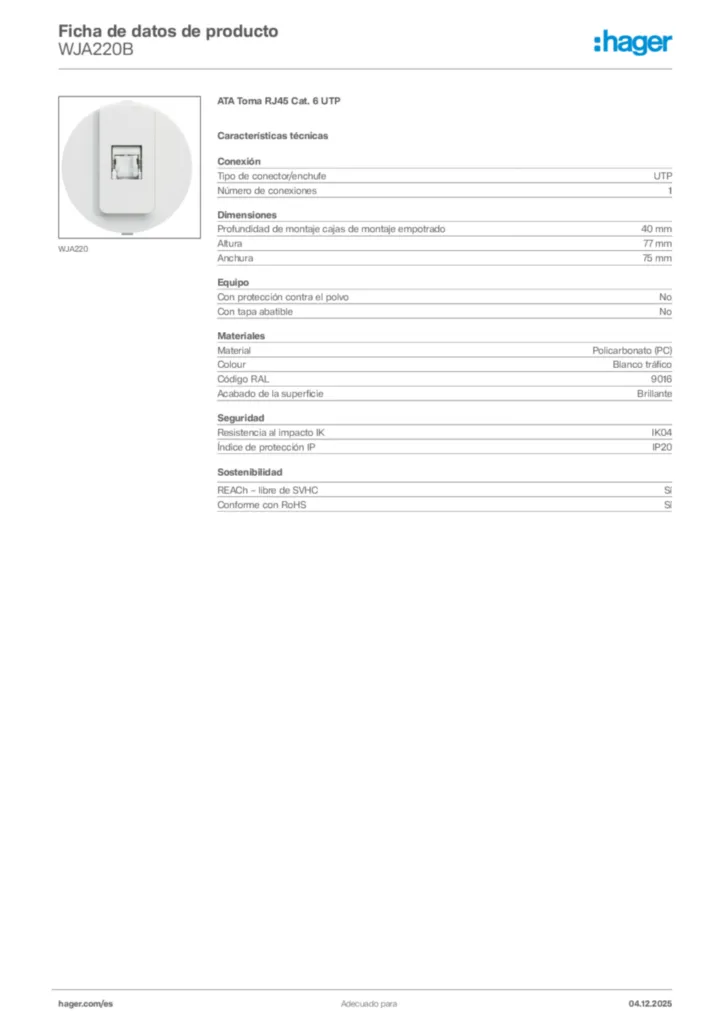 Imagen Hager Ficha de datos de producto WJA220B | Hager España
