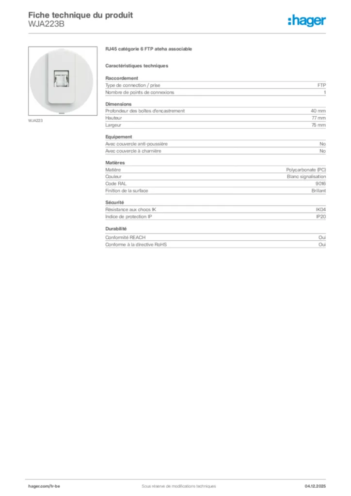 Image Hager Fiche technique du produit WJA223B | Hager Belgique
