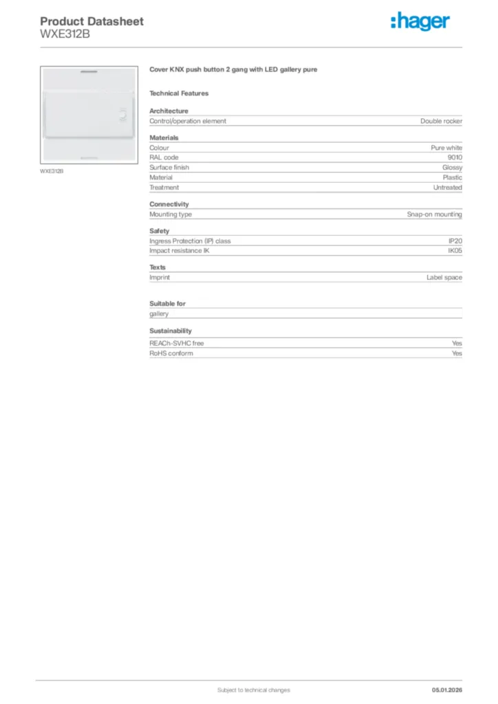 Image Hager Product data sheet WXE312B  | Hager Africa