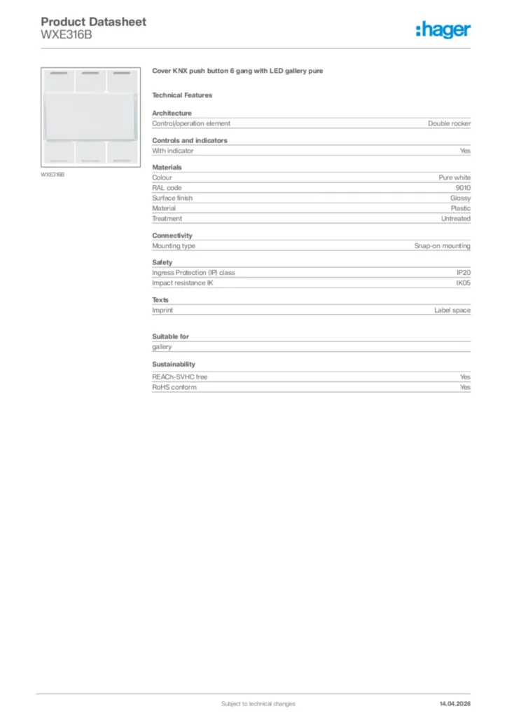 Image Hager Product data sheet WXE316B  | Hager Africa