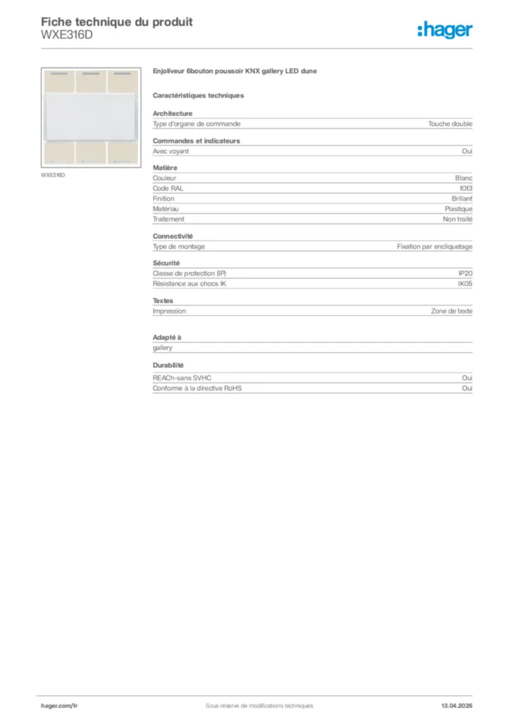 Image Hager Fiche technique du produit WXE316D | Hager France